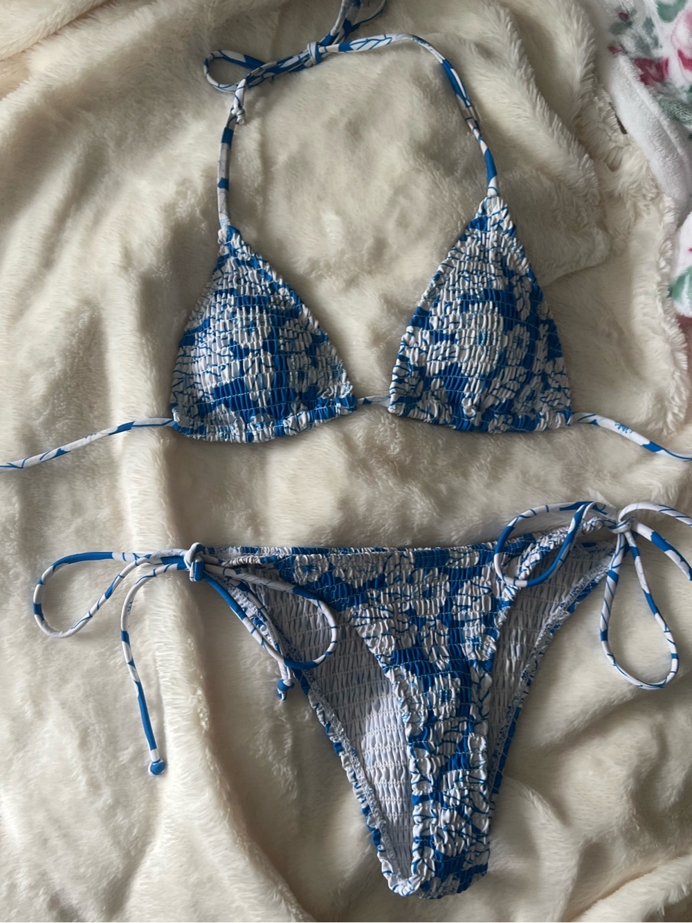 Blue & White Floral Hibiscus String Bikini